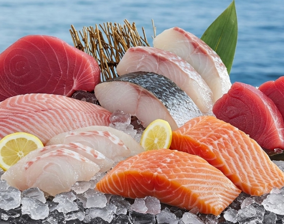 Assorted sashimi and seafood platter on crushed ice – event catering.
