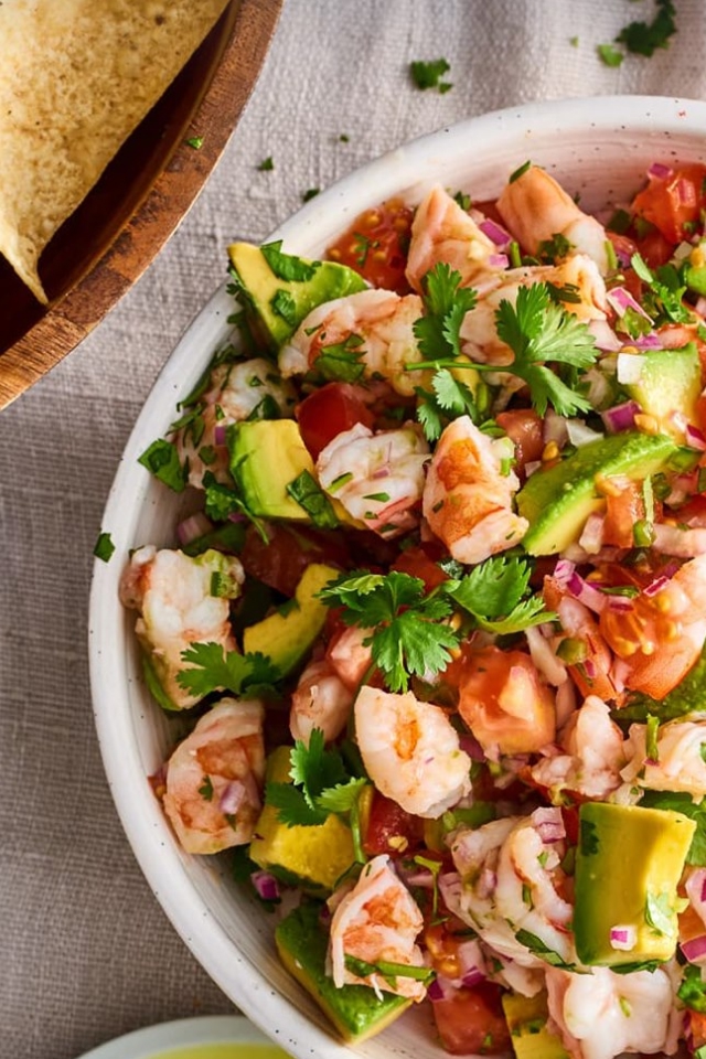 Fresh shrimp ceviche with avocado and tomato – premium Mexican seafood by El Faro Seafood